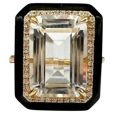 Pre-owned Effy Designer  White Topaz Diamond Enamel Ring 14kt Gold 9.80ct Nwt