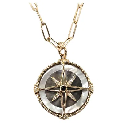 Pre-owned Effy Diamond Compass Pendant Necklace In 14 Karat Gold With Mother-of-pearl In Multi