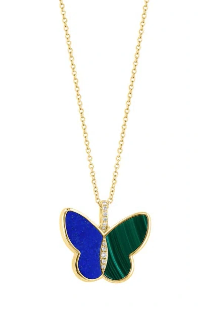 Effy Diamond, Lapis Lazuli & Malachite Butterfly Pendant Necklace In Yellow Gold Multi