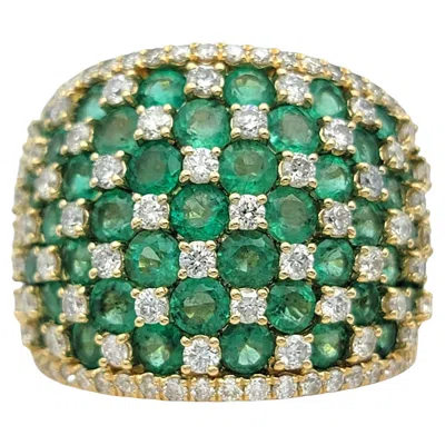 Pre-owned Effy Emerald And Diamond Checkerboard Motif Wide Band Ring 14 Karat Yellow Gold