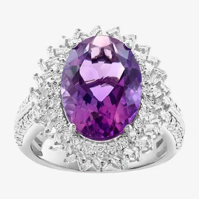 Effy Final Call Womens 3/8 Ct. T.w. Genuine Purple Amethyst 14k White Gold Oval Halo Cocktail Ring