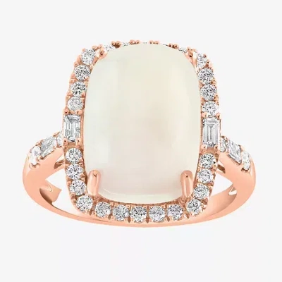 Effy Final Call Womens Genuine White Opal & 1/2 Ct. T.w. Diamond 14k Rose Gold Cushion Halo Side Stone Cocktail Ring In Transparent