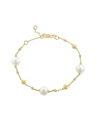 Effy Fine Jewelry 14k 0.07 Ct. Tw. Diamond & 7.5mm Pearl Bracelet In Brown