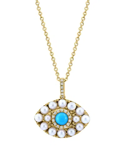 Effy Fine Jewelry 14k 0.41 Ct. Tw. Diamond & Turquoise & 2-2.5mm Pearl  Necklace