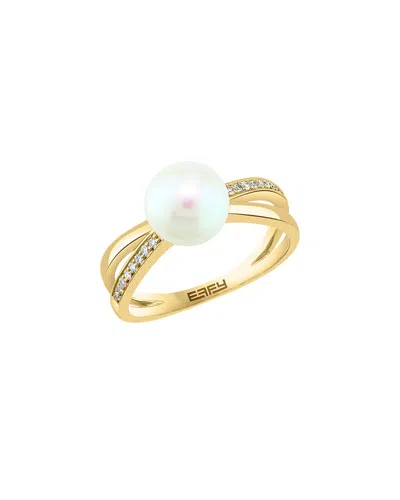 Effy Fine Jewelry Silver 0.07 Ct. Tw. Diamond & 8mm Pearl Ring In Gold