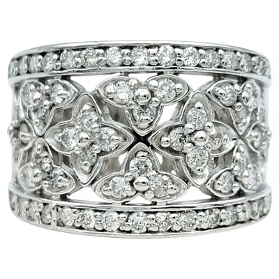Pre-owned Effy Floral Motif Wide Cutout Diamond Band Ring In Polished 14 Karat White Gold