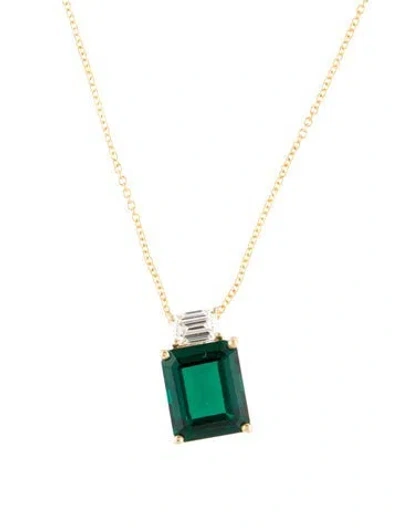 Pre-owned Effy Jewelry 14k 5.09ct Synthetic Emerald & Lab-grown Diamond Pendant Necklace, 18" In Multi
