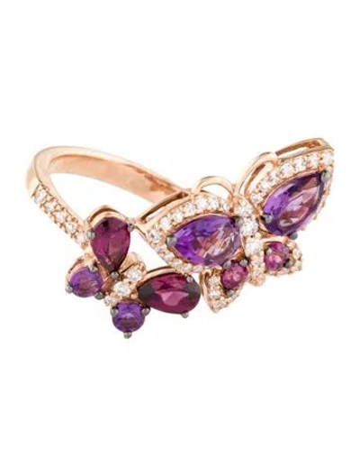 Pre-owned Effy Jewelry 14k Amethyst, Rhodolite & Diamond Butterfly Cocktail Ring In Multi