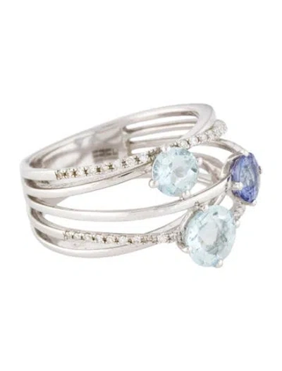 Pre-owned Effy Jewelry 14k Aquamarine, Tanzanite, & Diamond Cocktail Ring In Multi