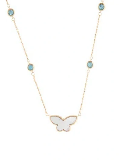 Pre-owned Effy Jewelry 14k Mother Of Pearl & Topaz Butterfly Pendant Necklace, 20.5" In Multi