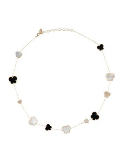 Pre-owned Effy Jewelry 14k Mother Of Pearl, Onyx & Diamond Station Necklace, 18" In White