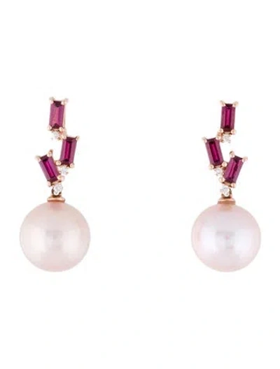 Pre-owned Effy Jewelry 14k Pearl, Rhodolite & Diamond Drop Earrings In Multi