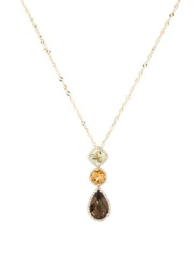 Pre-owned Effy Jewelry 14k Prasiolite,citrine & Smoky Quartz & Diamond Halo Drop Pendant, 16" In Multi
