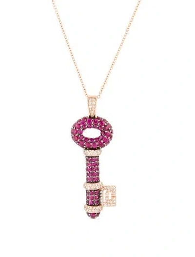 Pre-owned Effy Jewelry 14k Ruby & Diamond Key Pendant Necklace, 18" In Multi