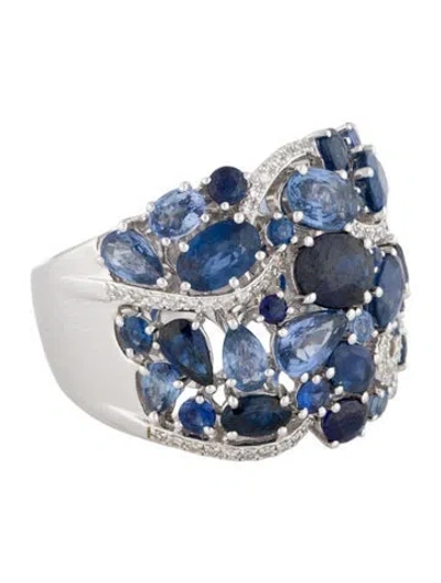 Pre-owned Effy Jewelry 14k Sapphire & Diamond Cluster Tapered Ring In Multi