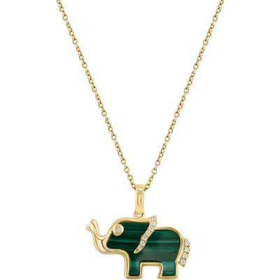 Effy Malachite & Diamond Elephant Pendant Necklace In Green