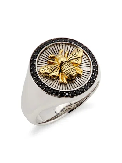 Effy Men's 14k Goldplated Sterling Silver, Sterling Silver & 0.39 Tcw Black Spinel Signet Ring