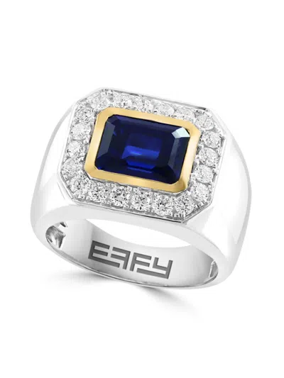 Effy Men's 14k Two-tone Gold, Sapphire & 0.78 Tcw Lab-grown Diamond Ring In Metallic