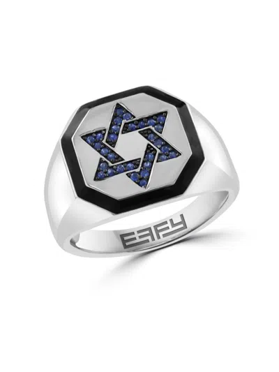 Effy Men's 925 Sterling Silver, Enamel & 0.17 Tcw Sapphire Star Ring