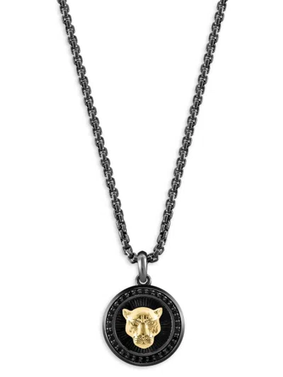 Effy Men's Rhodium Plated Sterling Silver, 14k Gold & Black Spinel Pendant Necklace