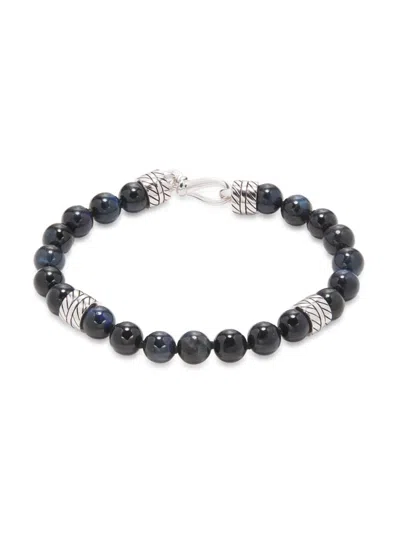 Effy Men's Sterling Silver, 14k-gold-plated & 74.48 Tcw Blue Tiger Eye Beaded Bracelet