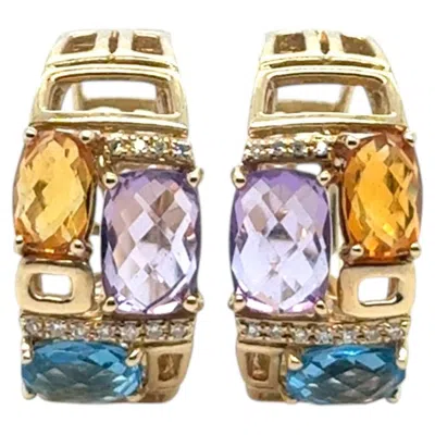 Pre-owned Effy Mosaic 14k Yellow Gold Amethyst Blue Topaz Citrine And Diamond Hoop Earring