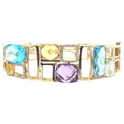Pre-owned Effy Mosaic Multicolor Gemstone & Diamond 14k Yellow Gold Bangle Bracelet