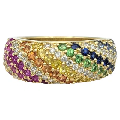 Pre-owned Effy Multicolored Sapphire And Diamond Rainbow Band Ring 14k Yellow Gold
