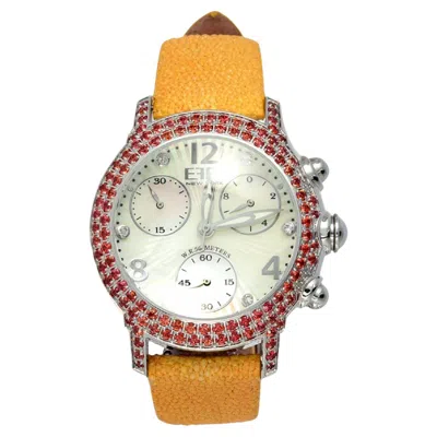 Pre-owned Effy Orange Sapphire & Diamond Pave Dial Luxury Swis Quartz Exotic Leather Band Watch