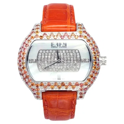 Pre-owned Effy Orange Sapphire & Diamond Pave Dial Luxury Swiss Quartz Exotic Leather Watch