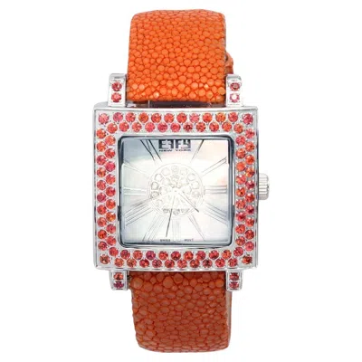Pre-owned Effy Orange Sapphire & Diamonds Pave Dial Luxury Swiss Quartz Exotic Leather Watch