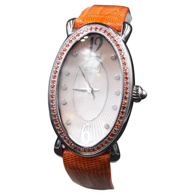 Pre-owned Effy Orange Sapphire Diamonds Pave Dial Luxury Swiss Quartz Exotic Leather Band Watch