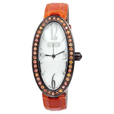 Pre-owned Effy Orange Sapphires Pave Dial Luxury Swiss Quartz Exotic Leather Band Watch