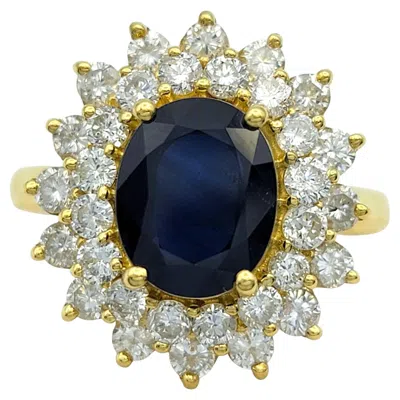 Pre-owned Effy Oval Cut Blue Sapphire & Double Diamond Halo Cocktail Ring In 18 Karat Gold