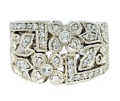 Pre-owned Effy Pavé Diamond Flower And Leaf Motif Wide Milgrain Band Ring 14k White Gold