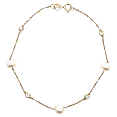 Pre-owned Effy Pearl And Diamond 14k Yellow Gold Station Bracelet