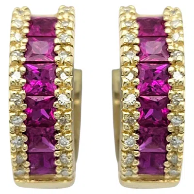 Pre-owned Effy Pink Sapphire And Diamond Huggie Hoops In 14 Karat Yellow Gold