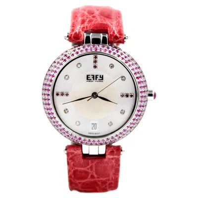 Pre-owned Effy Pink Sapphire & Diamond Pave Dial Luxury Swiss Quartz Exotic Leather Band Watch