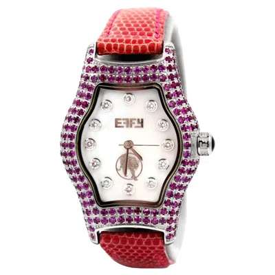 Pre-owned Effy Pink Sapphire & Diamonds Pave Dial Luxury Swiss Quartz Exotic Leather Band Watch