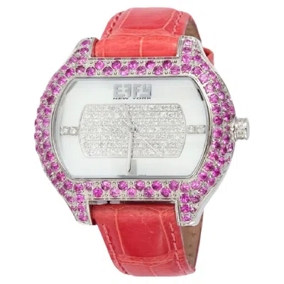Pre-owned Effy Pink Sapphire & Diamonds Pave Dial Luxury Swiss Quartz Exotic Leather Band Watch