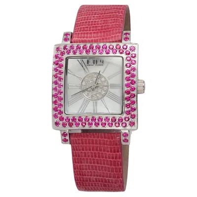 Pre-owned Effy Pink Sapphire & Diamonds Pave Dial Luxury Swiss Quartz Exotic Leather Watch