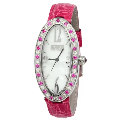 Pre-owned Effy Pink Sapphire Diamonds Pave Dial Luxury Swiss Quartz Exotic Leather Band Watch