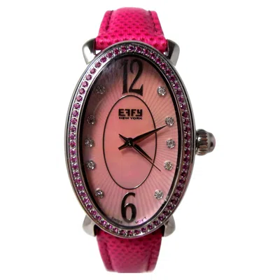 Pre-owned Effy Pink Sapphire Diamonds Pave Dial Luxury Swiss Quartz Exotic Leather Band Watch