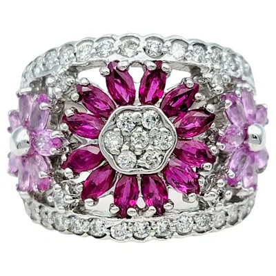 Pre-owned Effy Pink Sapphire, Ruby And Diamond Flower Motif Wide Band Ring 14 Karat Gold