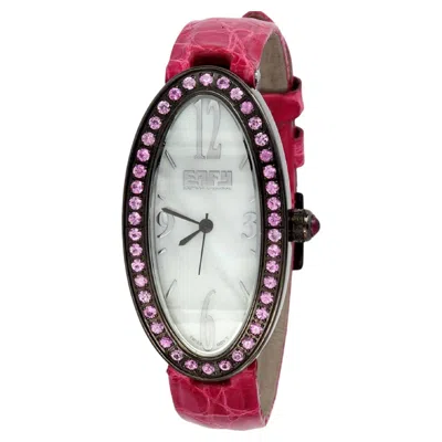 Pre-owned Effy Pink Sapphires Pave Dial Luxury Swiss Quartz Exotic Leather Band Watch
