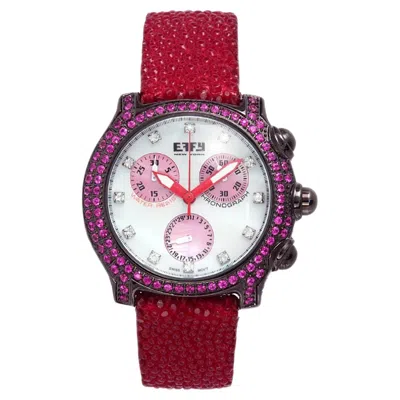Pre-owned Effy Red Sapphire & Diamond Pave Dial Luxury Swiss Quartz Exotic Leather Band Watch