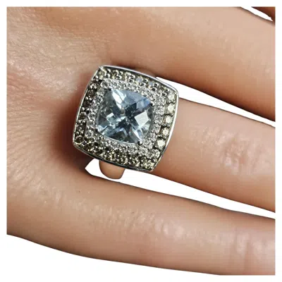 Pre-owned Effy Ring Cushion Cut Aquamarine Brown White Diamond Halo 14k White Gold Sz 7.25