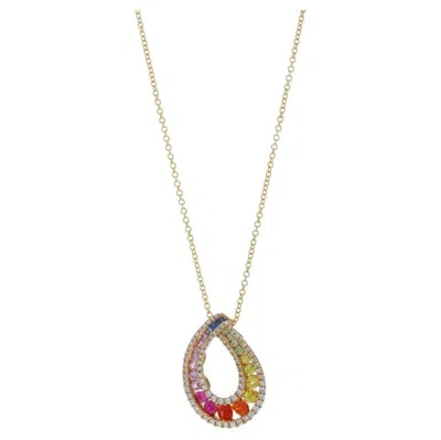 Pre-owned Effy Sapphire & Diamond Pendant Necklace Yellow Gold 14k 1.23ctw Rainbow Adjust