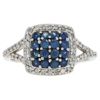 Pre-owned Effy Sapphire Diamond Cluster Halo Ring - White Gold 14k Round 1.61ctw