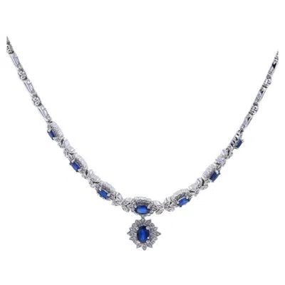 Pre-owned Effy Sapphire Diamond Flower Halo Drop Necklace 16 1/4" White Gold 14k 3.95ctw